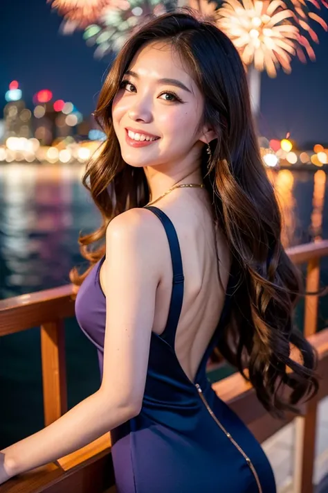 Hanabi washed up in the harbor, selfie, fisheye lens, night skyline, 1girl, wears  bodycon dress of rose quartz color bronze long hair, wavy hair, grin, colourful and spectacular fireworks display fills the sky, from the top of the high building, detailed ...