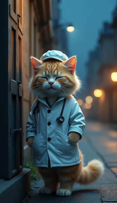 a cute cat in doctors outfit, standing in the corner of the street, eyes closed, night, realistic