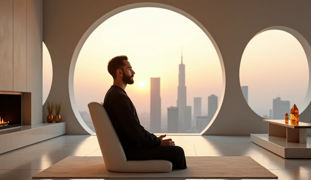 A young Arab ,  with a well-trimmed beard and wearing an elegant black dishdasha ,  is meditating in a modern space with large circular windows that offer a panoramic view of the city at dusk.  He is seated in a white leather chair ,  in front of a minimal...