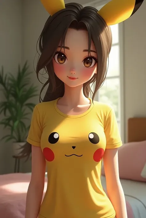 A girl with Pikachu teashirt sexy boobs
