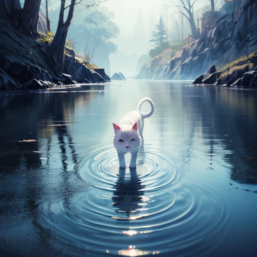 masterpiece,Best Quality,1 white cat,Walking on blue water,Beautiful ripples,transparency,Dreamy digital painting, Magical colors and atmosphere,Cinematic soft light,the above,Pastel Tones,( very detailed elegant ),(4K Anime Style)