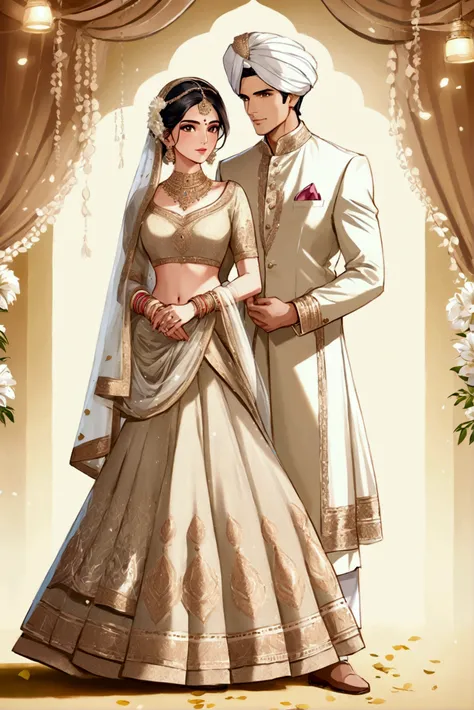 Indian couple mature, full body, wearing manish malhotra design sparkling beige lehenga, golden thread work, groom shehrwani, flower garland in hands of both, digital illustration, Hd quality, very detailed 