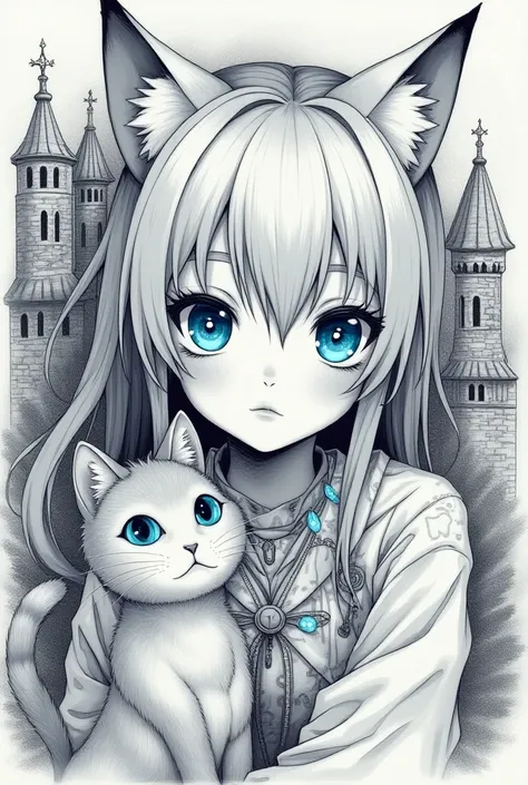 Sketch black and white ink of a cute anime catgirl with light blue glowing eyes and a cat,  detailed, trending on pixiv, 4k, very beautiful, expressive, award winning, masterpiece. com, , studio ghibli art style. highly detailed. sharp focus, complex backg...