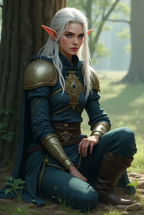  high-quality illustration of an elf .light skin,  Sharp facial features and pointed ears are typical of elves .he has long ones,  silver hair combed back and piercing blue eyes ,  The elf is dressed in a complex multi-layered high-collar outfit The elf is...