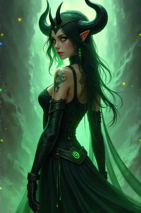 immediate:
  an image of a woman dressed in black and green with horns and horns on her head,  beautiful necromancer girl ,  beautiful necromancer girl , sorceress,  back image of rogue elf , estilo de arte the world of warcraft, Tifling witch , Beautiful ...