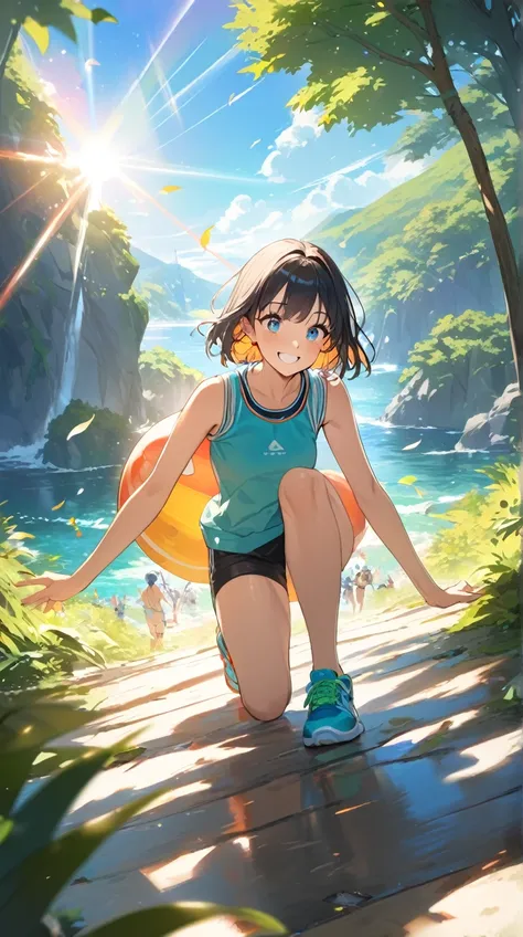 1 girl, Natural smile, Bright Eyes,  Short Straight Hair ,  Sporty Outfits ,  Active Posture , Healthy Skin, Small breasts, Happy expression,  Colorful Sneakers ,  
break,  
 A Fresh Summer Day , ( dynamic lighting :1.3),  Vivid Hues ,  Vibrant Colors ,  E...