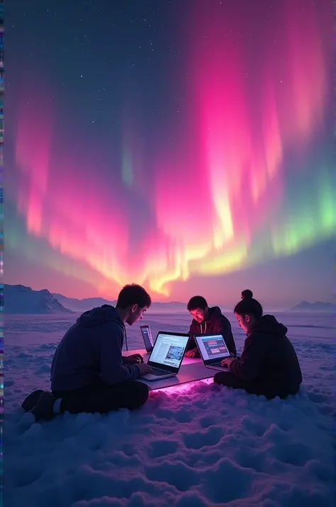 Northern lights including pink,neon, yellow, orange colors and few students coding in space, 
Dont include ice and mountains 

Blur the computer screens