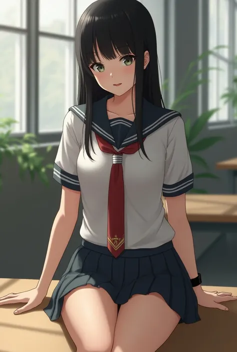 Teen girl, hit school girl,in skirts, showing her vagina, school uniform,black hair with bangs, no panties, sitting on a table