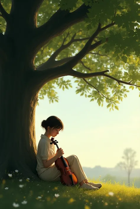 A girl of 15 is sitting under a tree  with a voilin