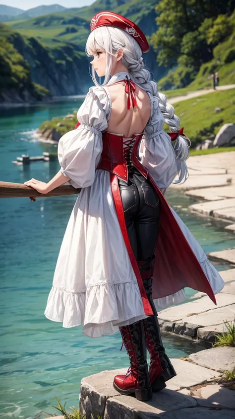 1 girl, white hair, Braid,  back view , Lake, hat, red corset, black pants, boots, Wild West Style,