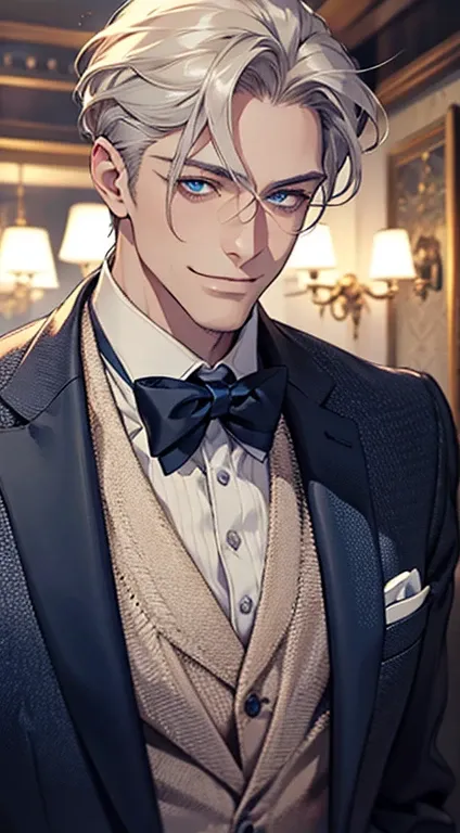 a mature man, very handsome, short grey golden hair, beautiful blue eyes, perfect detailed face, buttoning his jacket, CEO, smiling in love, cinematic lighting, 1:4 HDR, photorealistic, ultra detailed, 8K, best quality, masterpiece