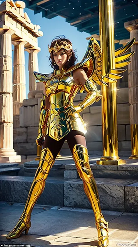 Ultra high color（masterpiece）， Full body photo，（Best Quality）， （One Love ）， Tilo Super Wide ，  Focus Face ，  wears shiny gold armor ， Sexy Armor，No underwear， Hold Your Chest ，Pull out your hips，exposing thighs， dynamic pose， Saint Seiya Armor，  Hair is di...