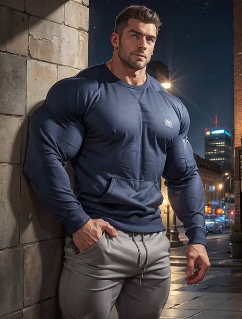 a very handsome man, blue eyes, wearing a dark blue sweatshirt with long sleeves and gray pants, massively muscular, massively large muscles, massively large biceps, massively large arms, massively large shoulders, massively large chest, leaning against a ...