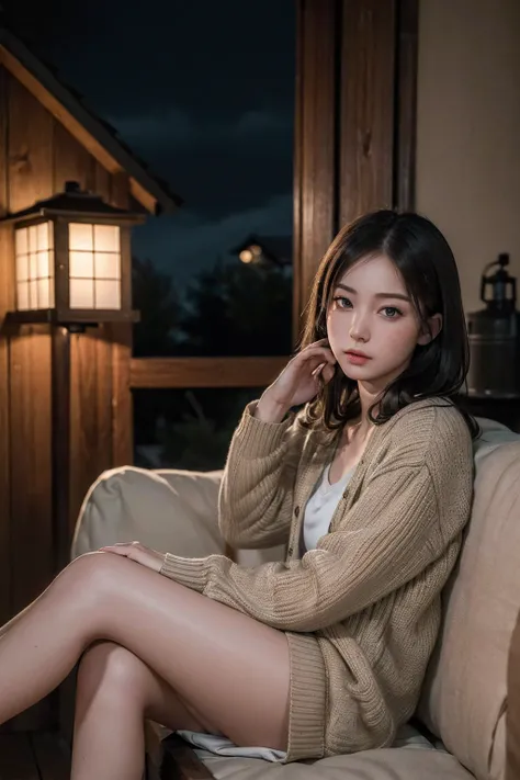 (32k, RAW photo, subtle-expressions, best quality, masterpiece:1.3), (realistic, photo-realistic:1.4), (slender lady: 1.3),  (at night, wooden house with a stove, wearing cardigan: 1.1), (full body: 1.0), 30 years old Japanese woman, sit on the sofa