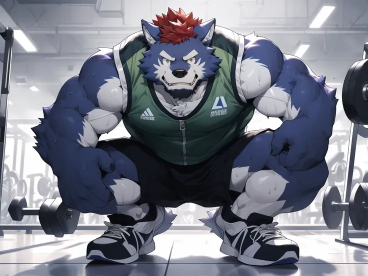 hairy, (Werewolf), (dark green sport Vest:1.3), (white socks), (red hair:1.2), (deep blue-purple fur:1.3), squat, male, full body picture, With a determined expression, sweat, Gym, black and white sports shoes, dynamic poses, detailed background, Very deta...