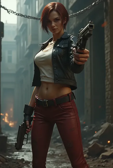 resident evil, Beautiful Claire Redfield, Reproduce the gun in detail、Exquisite face、The most beautiful woman、Standing with legs apart、Beautiful legs、 white denim tight pants stained with blood and mud、 Leather Jacket 、He has a gun、Vivid shots、A white T-sh...