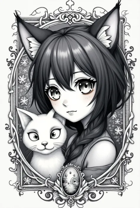 Sketch black and white ink of a cute anime catgirl with gray-purple glowing eyes and a cat,  detailed, trending on pixiv, 4k, very beautiful, expressive, award winning, masterpiece. com, , studio ghibli art style. highly detailed. sharp focus, complex back...