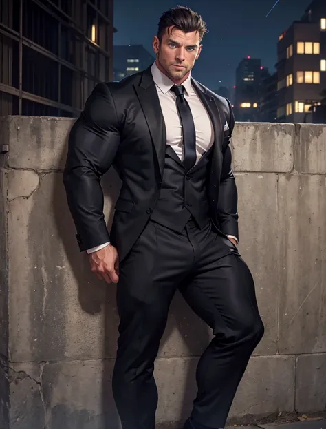 a very handsome man, blue eyes, wearing a black suit with a black tie, massively muscular, massively large muscles, massively large biceps, massively large arms, massively large shoulders, massively large chest, leaning against a wall in a city at night