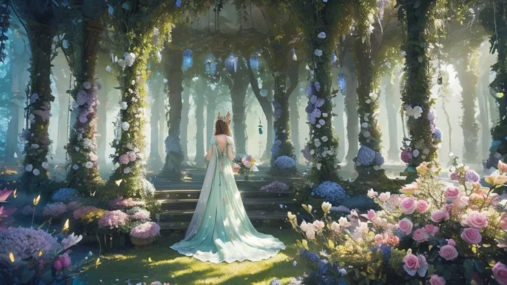 ((masterpiece)),((Best Quality)),(( high detail)), background, fantasy, Magical Forest, Queen of elves holding a bouquet of flowers, Rear view, Beautiful dress,  Sparkling Decorations ,  Fantastic and Mysterious Atmosphere ,  Pastel Trees 々, Colorful Flowe...