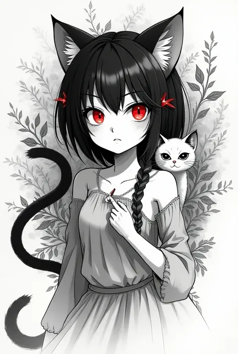 Sketch black and white ink of a cute anime catgirl with red glowing eyes and a cat,  detailed, trending on pixiv, 4k, very beautiful, expressive, award winning, masterpiece. com, , studio ghibli art style. highly detailed. sharp focus, complex background. ...