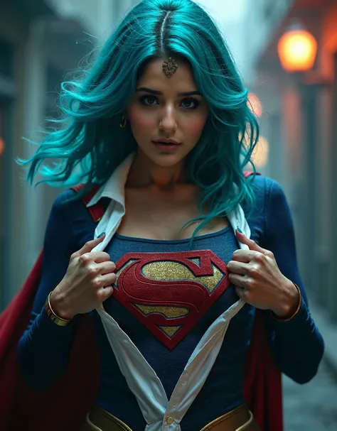 8k ultra realistic, surrealism, supergirl iconic shirt ripping to reveal inside supergirl costume, cyan hair sexy woman as supergirl, intense dramatic scene, dramatic pose