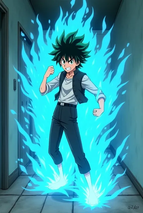 
Make male izuku midoriya using his punch angry mood and hit wall and wall destroyed and releasing blue colour energy in the hand and al body is blue and wearing his super hero costume( Height 6 inch ) high school student
