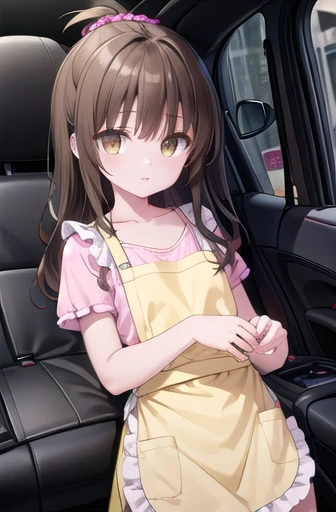 to follow, Yuki mandarin orange, ( Brown Eyes :1.5), Brown Hair,  hair accessory,  hair scrunchy, Long Hair,  pink scrunchie, scrunchie, ( flat chest:1.2),
break apron, blouse, clavicle, layered skirt, pink shirt, shirt, Short sleeve, skirt, Yellow apron,
...