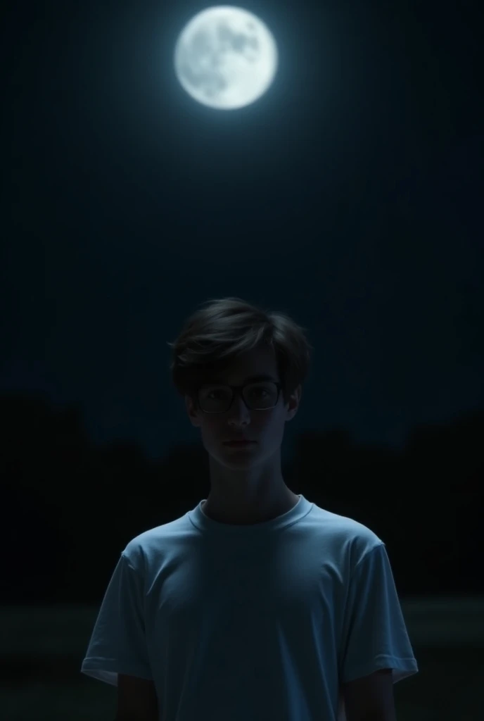 A smart boy, confidence on face, wearing white t-shirt, seeing staright, "Alex" written on t-shirt, background is black, moon light so high, face of boy is not much visible, "owner of invisible paradox" written in right corner of the image, black invisible...