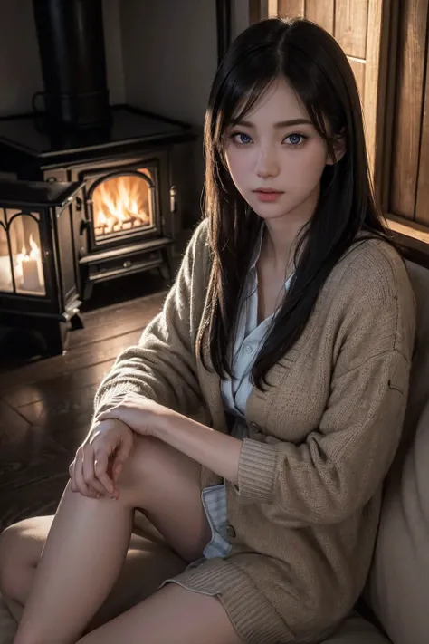 (32k, RAW photo, subtle-expressions, best quality, masterpiece:1.3), (realistic, photo-realistic:1.4), (slender lady: 1.3),  (at night, wooden house with a stove, wearing cardigan: 1.1), (full body: 1.0), 30 years old Japanese woman, sit on the sofa