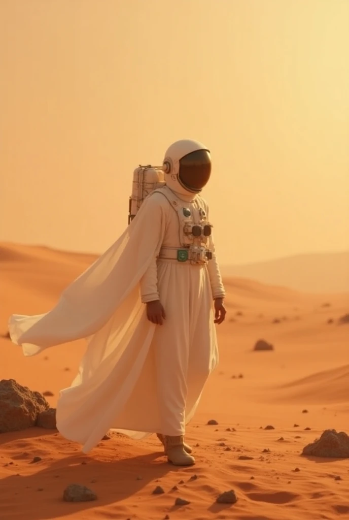 Muslim astronaut in long white bergamis walks on the Martian plain