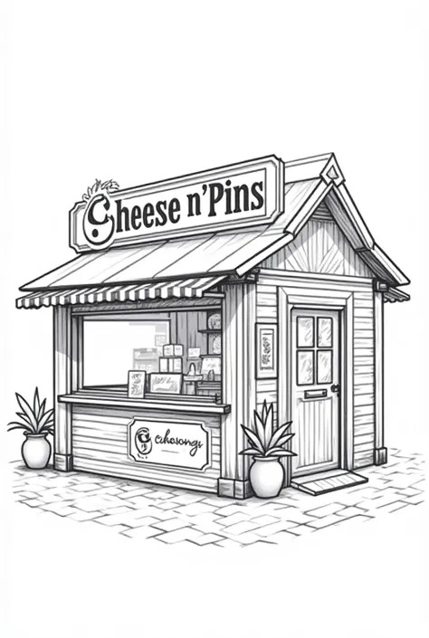 Exterior drawing design food stall without person  
The name is Cheese n pins P not F in the pins
without color without people or person