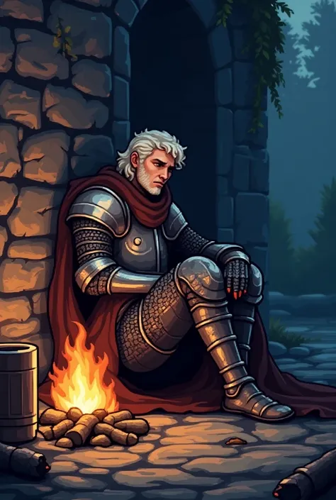 A knight leaning against a wall in front of this knight is a campfire and ales is drawn in pixel art