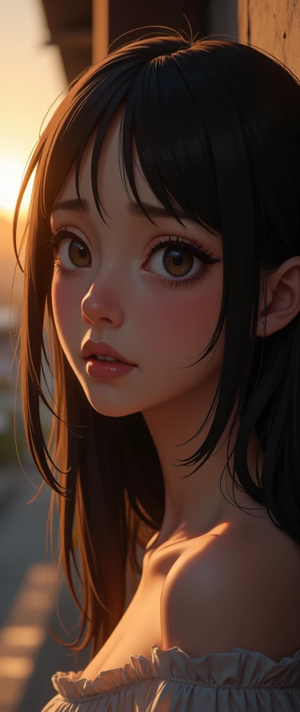 a girl leaning against a wall, crying, sunset, sunlight outlining the edges, oil painting, surrealism, detailed face, beautiful detailed eyes, beautiful detailed lips, extremely detailed eyes and face, long eyelashes, portrait, cinematic lighting, dramatic...