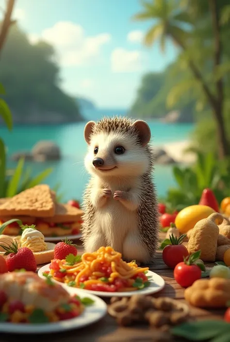  with a cute hedgehog as a buffet　tall　Skinny　The background is an uninhabited island 