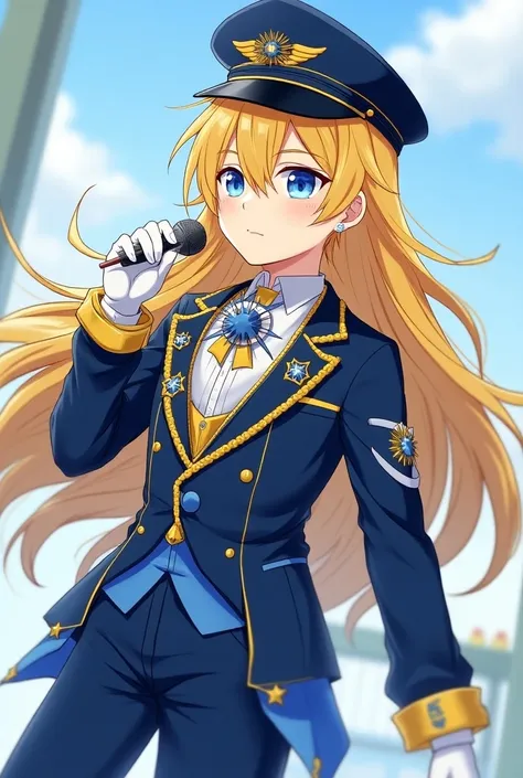 Anime is a young man in high school with sharp blue eyes who has long yellow hair and wears a hat that looks like a policemans hat on the left side. It is decorated with yellow dontal with a decoration in the shape of a sun , with fair skin and wearing all...