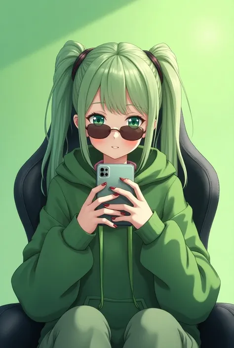 woman, light green tea hair long tied 2, wearing sunglasses, wearing a green hoodie, green eyes, Holding a cellphone with two fingers, sitting on a gaming chair, cute face, matcha backround, Mask for anime-like images