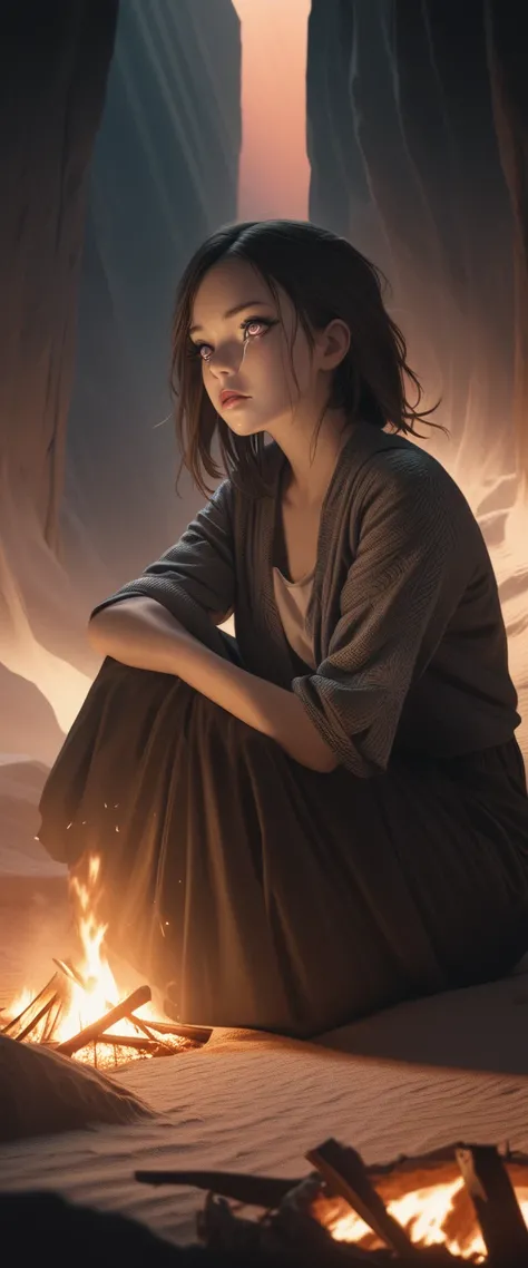 a crying girl sitting by a campfire in a surreal desert at sunset, beautiful detailed eyes, beautiful detailed lips, extremely detailed eyes and face, long eyelashes, beautiful detailed face, elegant pose, dramatic lighting, vibrant colors, muted tones, ci...