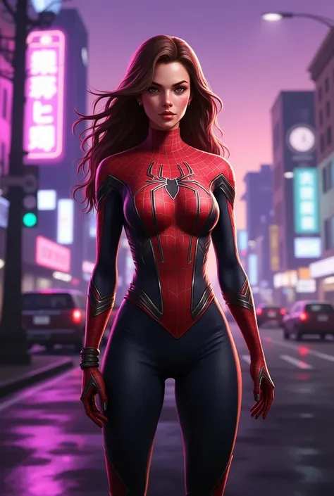 semi-realism, anime style, shiny skin, white skin, spider woman, red spiderman suit, spider logo on chest, detailed clothing, re...