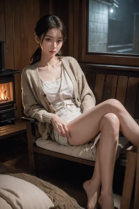 (32k, RAW photo, subtle-expressions, best quality, masterpiece:1.3), (realistic, photo-realistic:1.4), (slender lady: 1.3),  (at night, wooden house with a stove, wearing cardigan: 1.1), (full body: 1.0), 30 years old Japanese woman, sit on the sofa