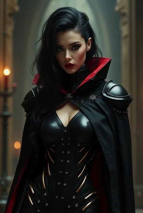 (photorealistic:1.3),(hyperrealistic:1.3), masterpiece, highly detailed, best quality, (beautiful and clear background:1.2), detailed background, beautiful (female:1.4) vamptech cyborg robot wearing (black red robe:1.4) (black red cape:1.2),  vampiric goth...