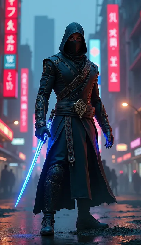 /imagine A futuristic ninja from Iran, blending traditional Persian attire with modern cyberpunk aesthetics. He wields a high-tech shamshir (a traditional Persian sword) that glows with neon blue and red lights. The ninja stands in a bustling cyberpunk cit...