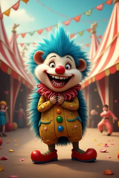  turn a cute hedgehog into a clown　tall　Skinny　Circus in the background 