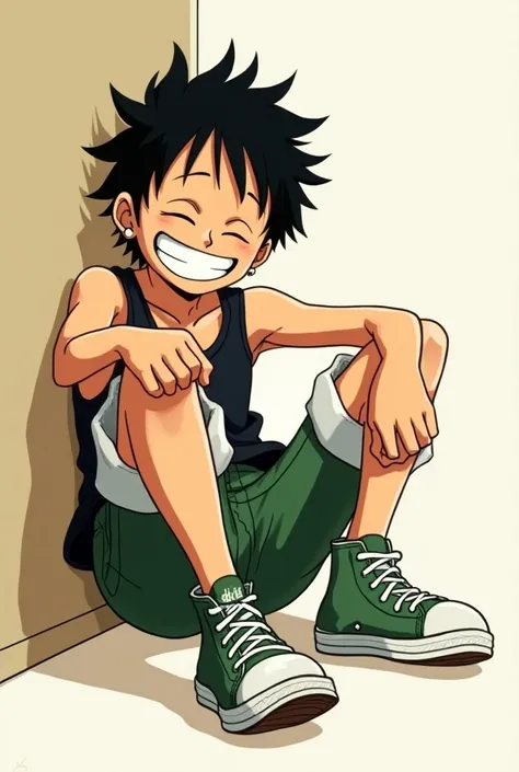 luffy nakaupo nakataas isang paa naka converse high cut kulay green,naka sando na black at may hikaw naka sandak sa pader nakatawa labas ngipin