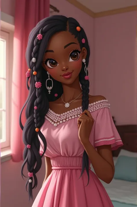 Generate a realistic African realistic image of a 18 years old girl wearing pink skirt and blouse decorated with white bead  standing in her room, she does a braid weaving suku decorated with bead the colour of her hair is black, she is light in complexion...