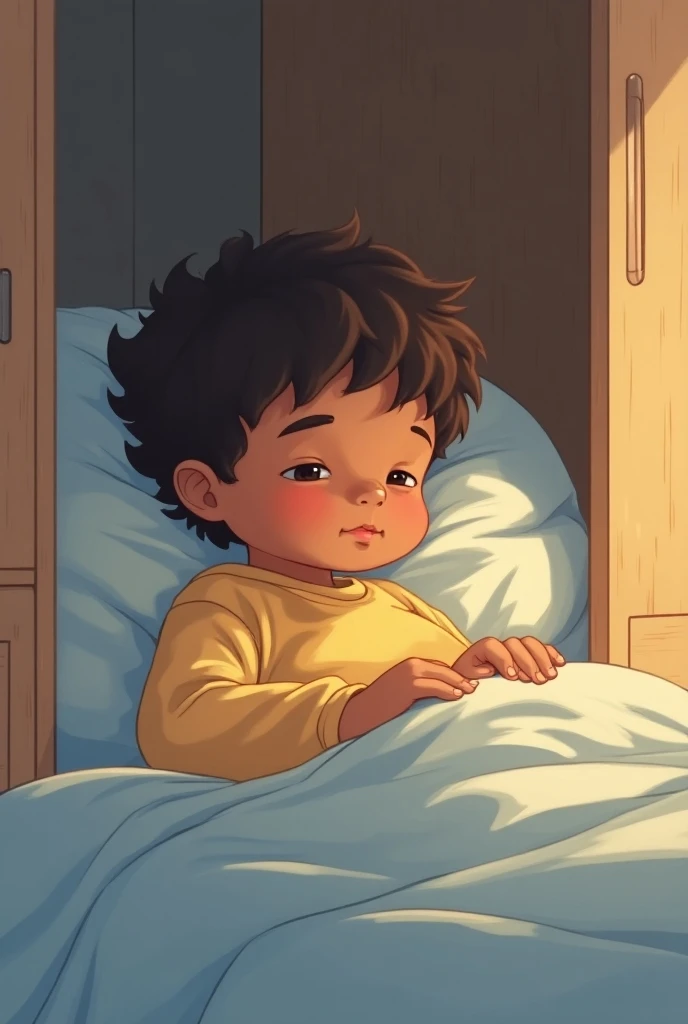  Little brown boy ,In his bedroom ,  ready to fall asleep ,  with the soft light from the slightly opened wardrobe.  Pastel comic book fashion  