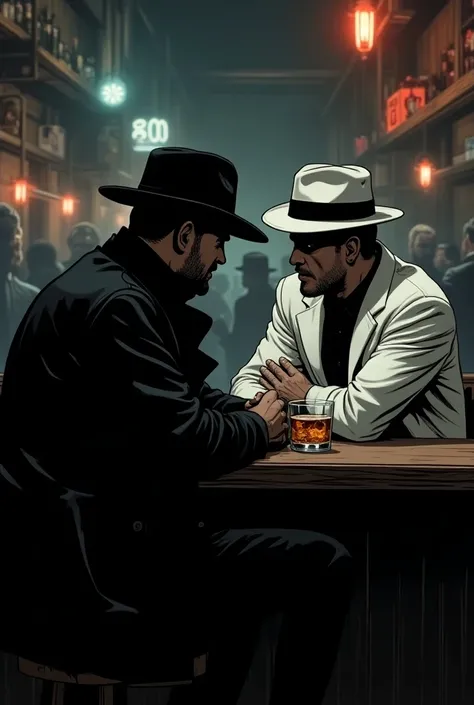 A man dressed in black trench coat with black hat sitting in a bar and drinking whiskey while talking to a man in white trench coat and hat - comic book style 