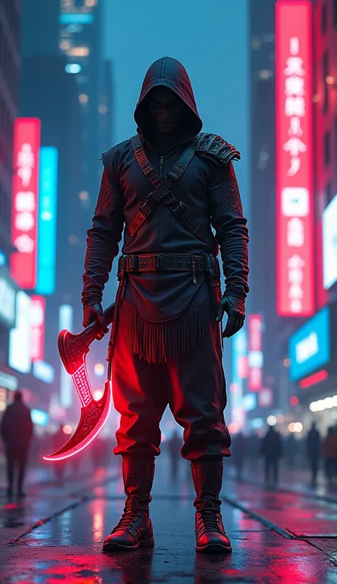 /imagine A futuristic ninja from the United States, combining elements of American culture and folklore. He wears a sleek, high-tech outfit inspired by traditional Native American patterns and colors. His weapon is a modernized tomahawk, glowing with neon ...