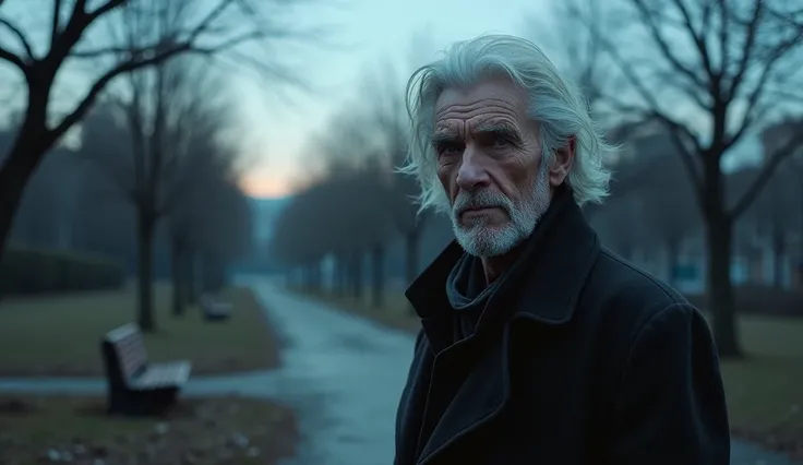 A long shot of a mysterious older man standing alone in the distance at the edge of a desolate urban park. The man is wearing a dark coat, with a weathered face, gray hair, and piercing blue eyes. His stance is rigid, his gaze fixed on the viewer, as if he...