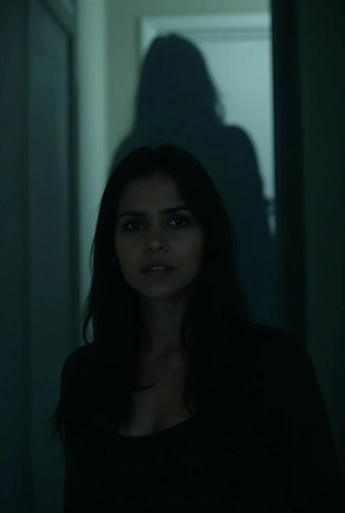 Neha, frozen in terror, slowly turns around. The camera focuses on her face, capturing the dread in her eyes. The dim light flickers, and behind her, a shadowy figure starts to form in the darkness. The image lingers on the silhouette as it looms over her,...