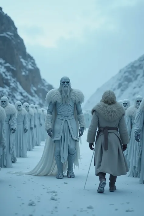 Create a hyper-realistic scene inspired by Game of Thrones, featuring frozen people, a White Walker, and Hodor. The setting should resemble the icy, desolate landscapes of the North, with snow and frost covering the ground. Show a White Walker leading a gr...